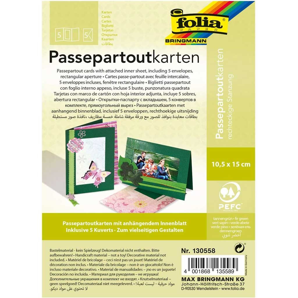 Passepartouts 220g/m², rechteck Stanzung 10,5x15cm,5 Karten+Kuverts, tannengrün