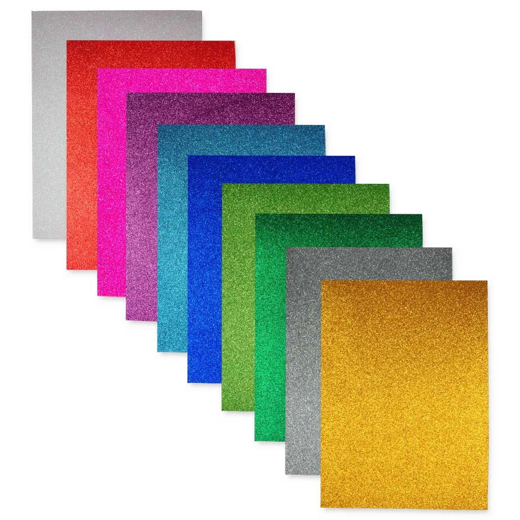Glitter-Moosgummi Set, Format A4,  selbstklebend 100 Bogen in 10 Farben sortiert