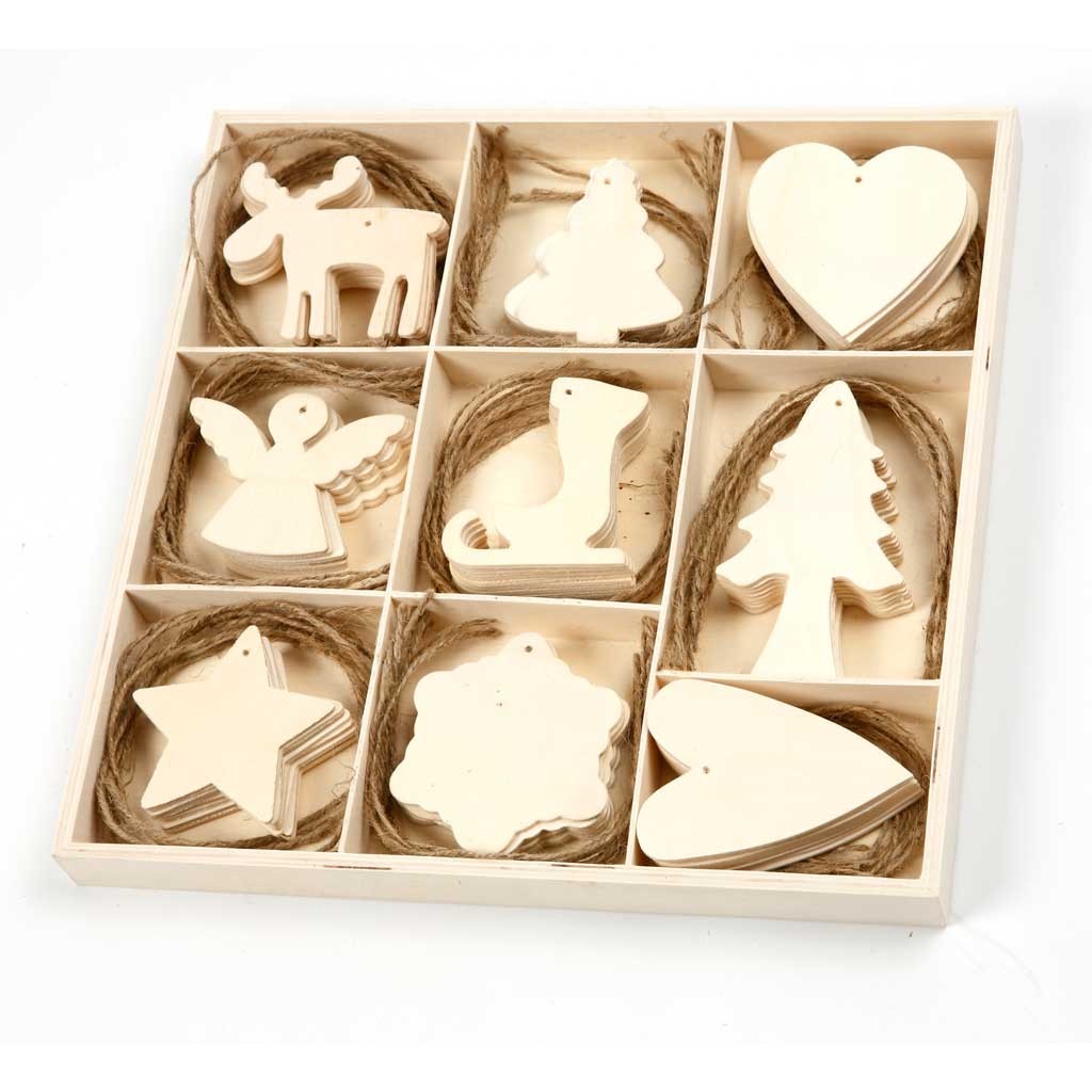 72 Holzornamente zum Aufhängen, Weihnachtsmotive Aufhängeschnur aus Jute, Größe 7-8cm