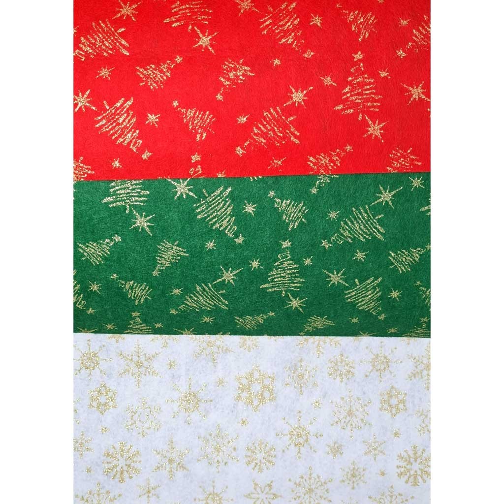 Bastelfilz 150g/m², 45cmx5m, 3 Rollen-Set Weihnachtsmotiv weiß/gold, rot/gold, grün/gold