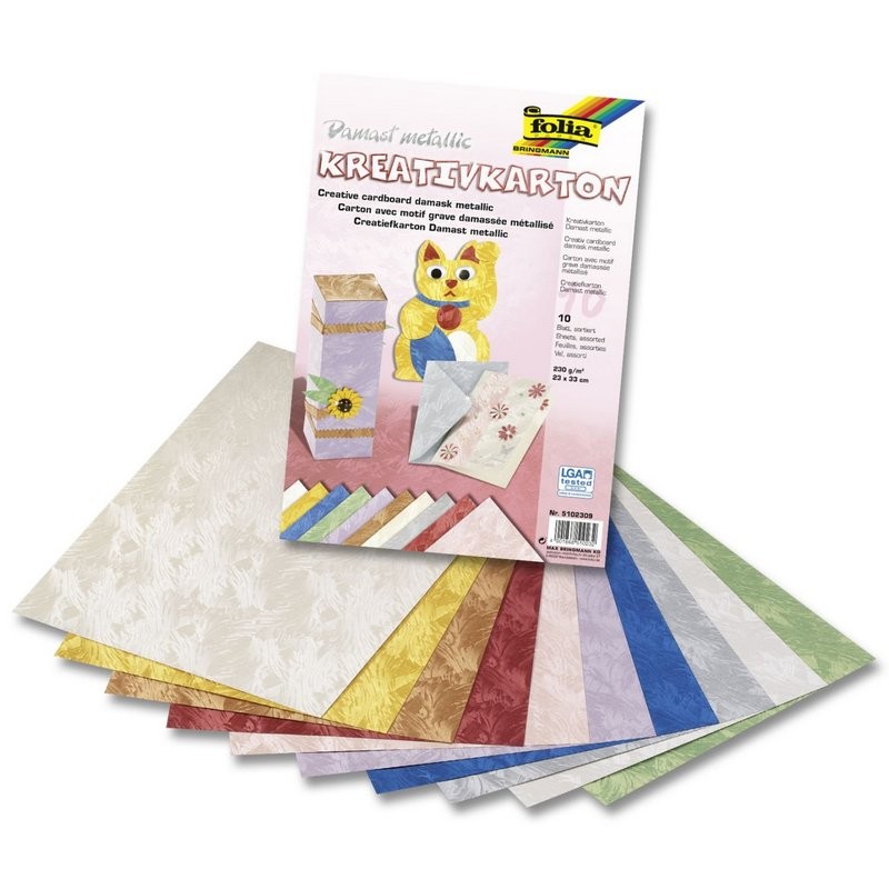 Kreativkarton 230g/m², 50x70cm, 10 Bogen Damast metallic", farbig sortiert"